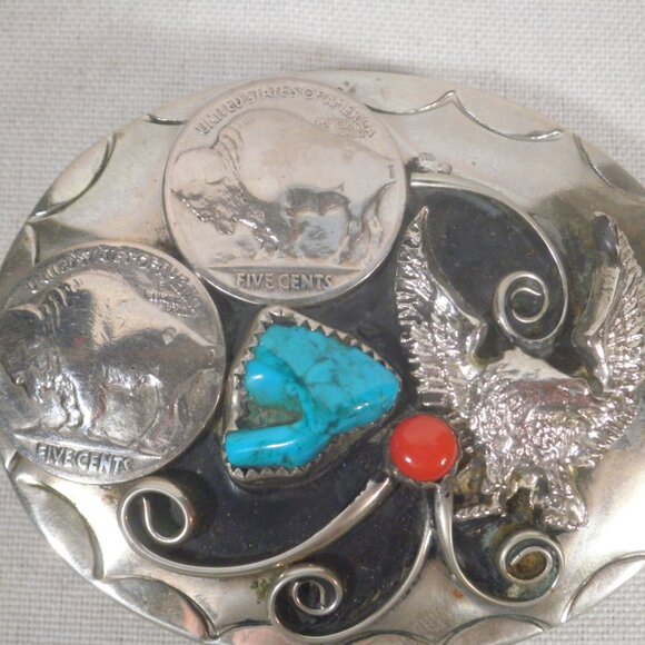 Vintage Squaw Wrap Belt Buckle Turquoise Coral Buffalo Nickels main image 5